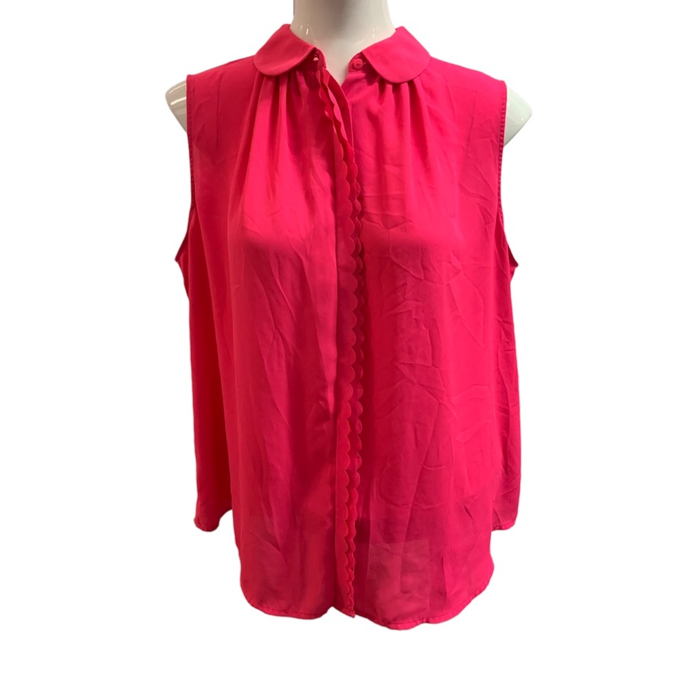 Neon pink scallop button placket button up collar semi sheer sleeveless blouse